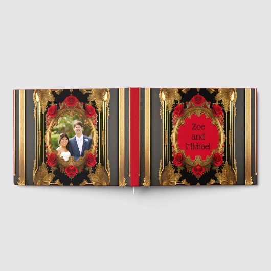 Gouden lijst met rode rozen, gotische foto bruilof gastenboek (Volledig)