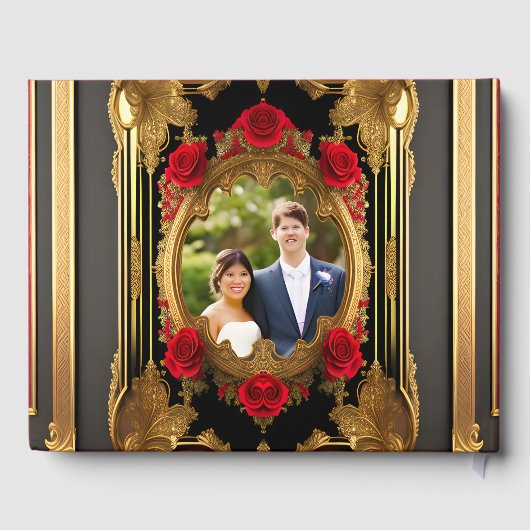 Gouden lijst met rode rozen, gotische foto bruilof gastenboek (Achterkant)