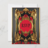 Gouden lijst met rode rozen, gotische stijl bruilo RSVP kaartje (Voorkant)