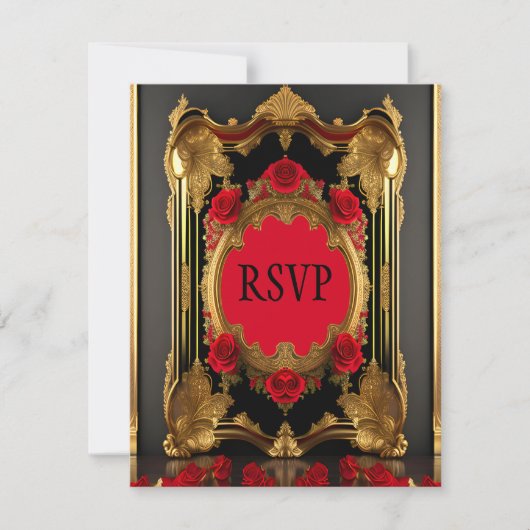 Gouden lijst met rode rozen, gotische stijl bruilo RSVP kaartje (Voorkant)