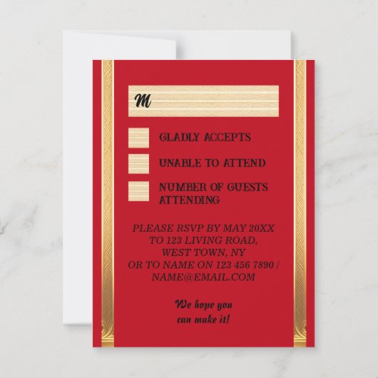 Gouden lijst met rode rozen, gotische stijl bruilo RSVP kaartje (Achterkant)