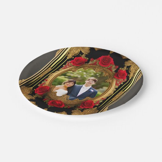 Gouden lijst met rode rozen, gotische stijl foto papieren bordje (Gekanteld)