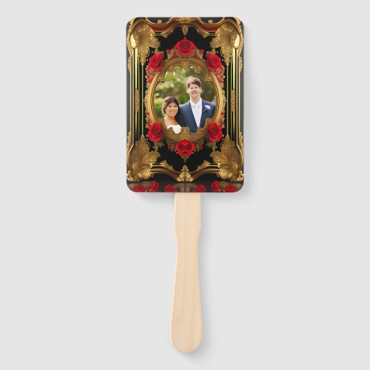 Gouden lijst met rode rozen, huwelijksprogramma handwaaier (Voorkant)