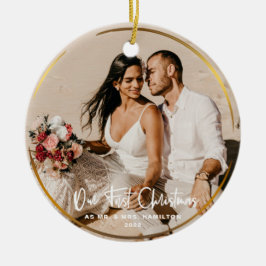 Gouden lijst onze eerste kerst Mr & Mrs foto Keramisch Ornament