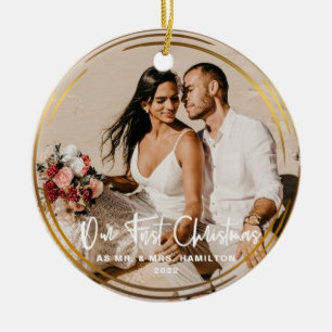Gouden lijst onze eerste kerst Mr & Mrs foto Keramisch Ornament