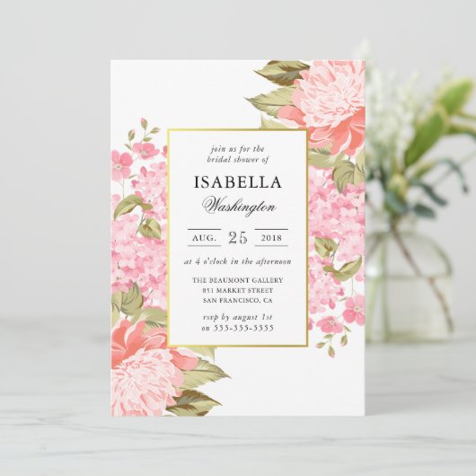 Gouden Lijst pioenen en hortensia's Vrijgezellenfe Kaart (Staand voorkant)