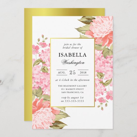 Gouden Lijst pioenen en hortensia's Vrijgezellenfe Kaart (Voorkant / Achterkant)