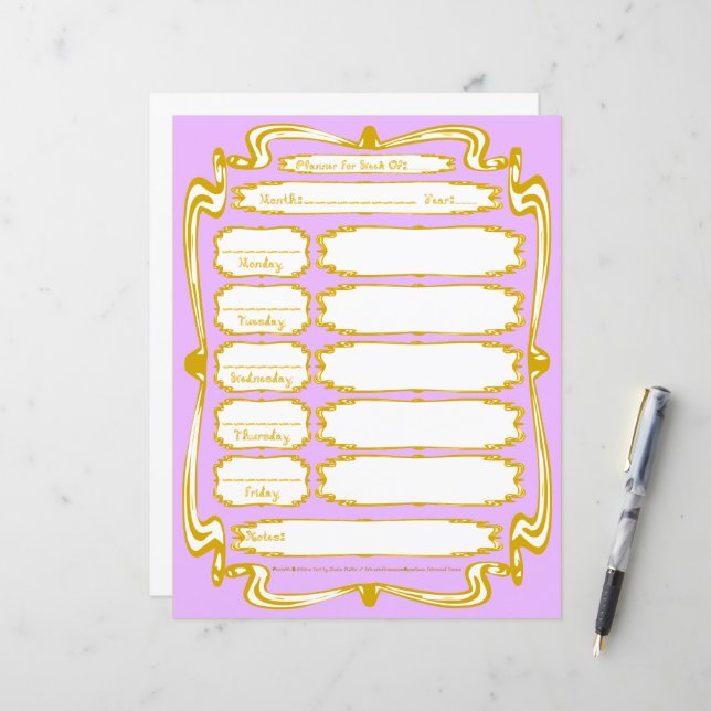 Gouden lijst rand stof lettertype weekplanner (Voorkant / Achterkant in situ)
