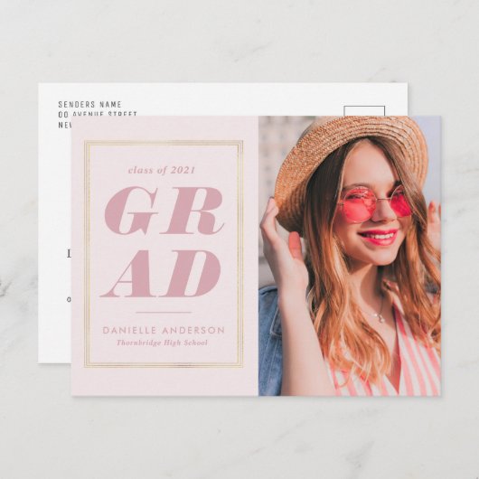 Gouden lijst Roze afstuderen Aankondiging Briefkaart (Voorkant / Achterkant)