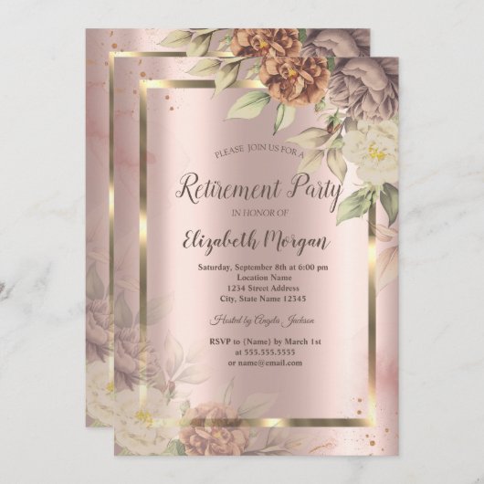 Gouden lijst, Roze Goud Blush Bloemen Pensioen Kaart (Voorkant / Achterkant)