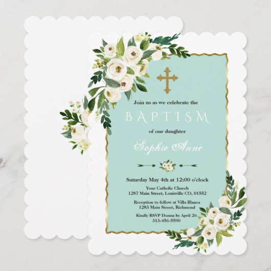 Gouden lijst waterverf Witte Bloesem Bloemige Doop Kaart (Voorkant / Achterkant)