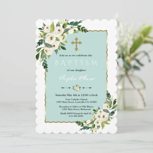 Gouden lijst waterverf Witte Bloesem Bloemige Doop Kaart (Staand voorkant)