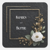 Gouden Lijst & Witte Camellia Huwelijk Vierkante Sticker (Voorkant)