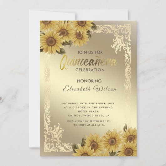 gouden lijst zonnebloem Quinceañera Invitati Kaart (Voorkant)