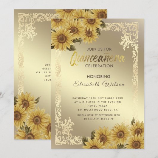 gouden lijst zonnebloem Quinceañera Invitati Kaart (Voorkant / Achterkant)