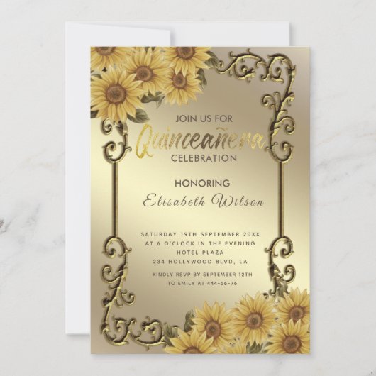  gouden lijst zonnebloem Quinceañera Kaart (Voorkant)