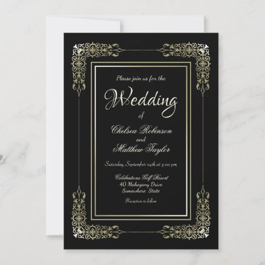 Gouden Lijst Zwarte bruiloft Kaart (Voorkant)