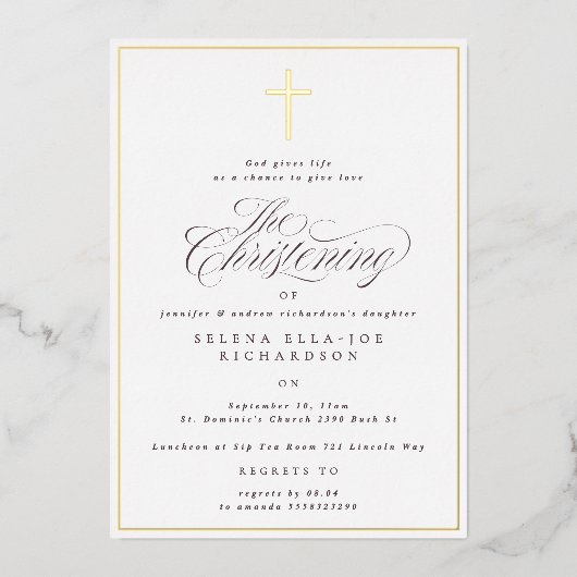Gouden Lijsten Kruis Doop Fotouitnodiging Folie Uitnodiging (Voorkant)