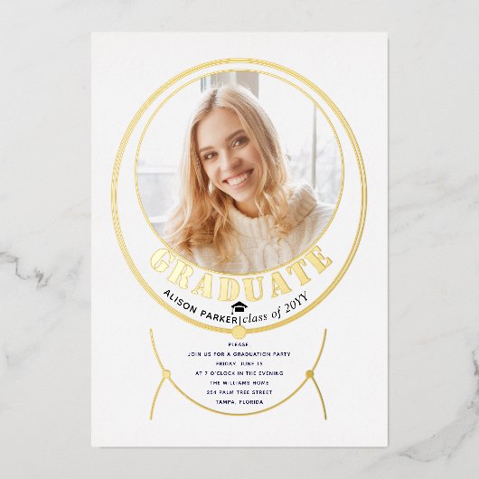 Gouden lijsten sieraden geïnspireerd wit afstudere folie uitnodiging (Voorkant)