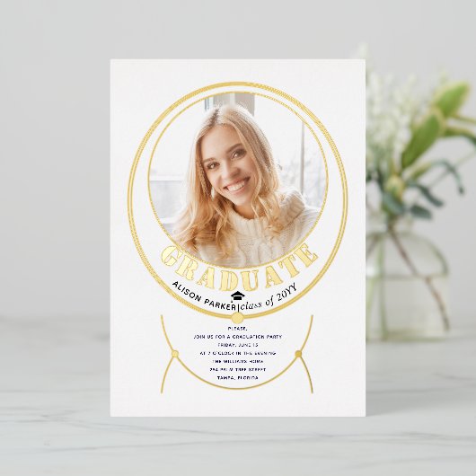 Gouden lijsten sieraden geïnspireerd wit afstudere folie uitnodiging (Staand Voorkant)