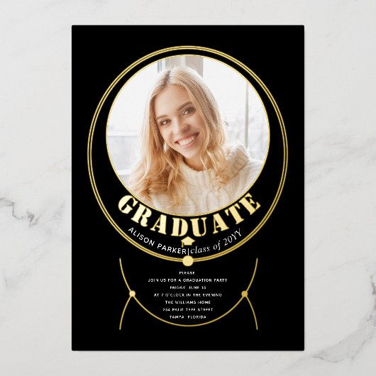 Gouden lijsten sieraden geïnspireerd zwart afstude folie uitnodiging (Voorkant)