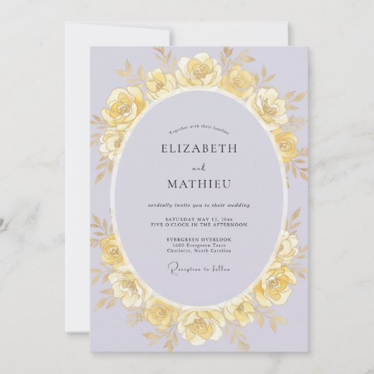 Gouden Lila Rozen Bruiloft Kaart (Voorkant)