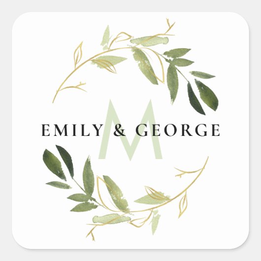 GOUDEN LIMOEN GROEN GEBLADERTE MONOGRAM KRANS BRUI VIERKANTE STICKER (Voorkant)