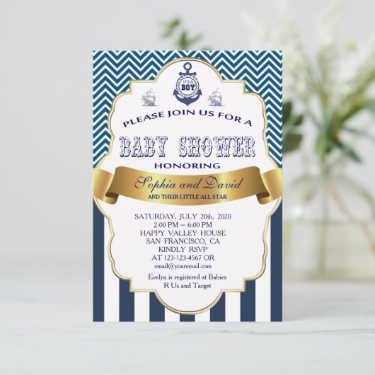 Gouden lint Blauwe Strepen Golven Anker BABY SHOWE Kaart (Staand voorkant)