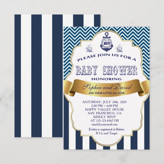 Gouden lint Blauwe Strepen Golven Anker BABY SHOWE Kaart (Voorkant / Achterkant)