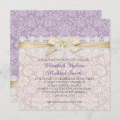 Gouden Lint Bloemenlavendel Damask Bruiloft uitnod Kaart (Voorkant / Achterkant)