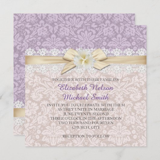 Gouden Lint Bloemenlavendel Damask Bruiloft uitnod Kaart (Voorkant / Achterkant)