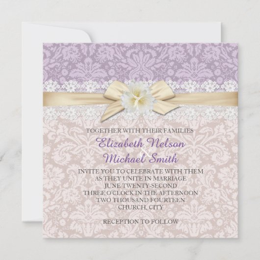 Gouden Lint Bloemenlavendel Damask Bruiloft uitnod Kaart (Voorkant)