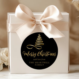 Gouden lint boom Kerstmis Script Zwart Ronde Sticker