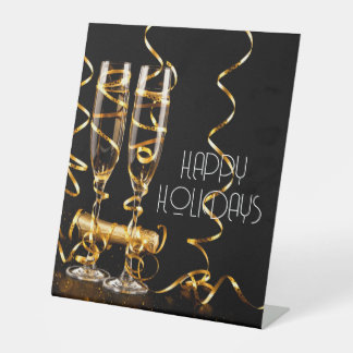Gouden lint champagne fijne feestdagen reclamebord met voetstuk