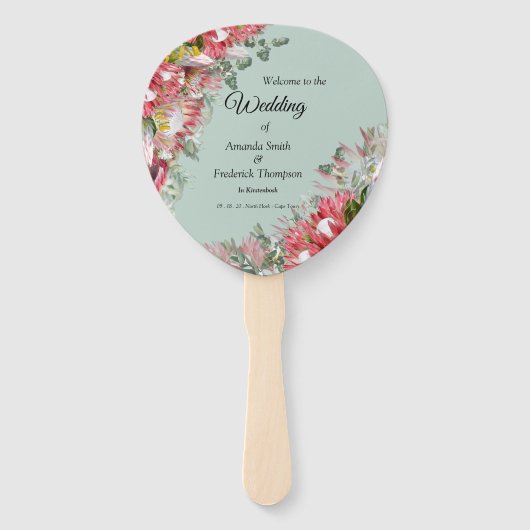 Gouden lint & Fuchsia Protea boeketten Handwaaier (Voorkant)