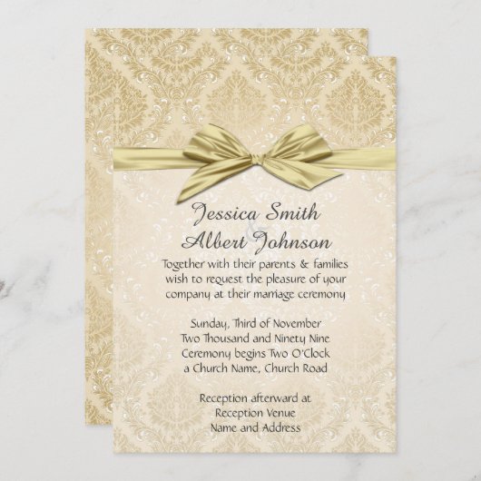 Gouden lint gouden damast bruiloft uitnodigen kaart (Voorkant / Achterkant)