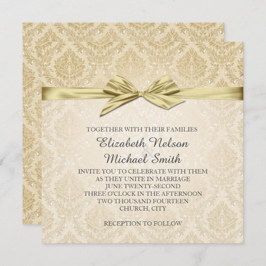 Gouden lint gouden damast bruiloft uitnodigen kaart (Voorkant / Achterkant)