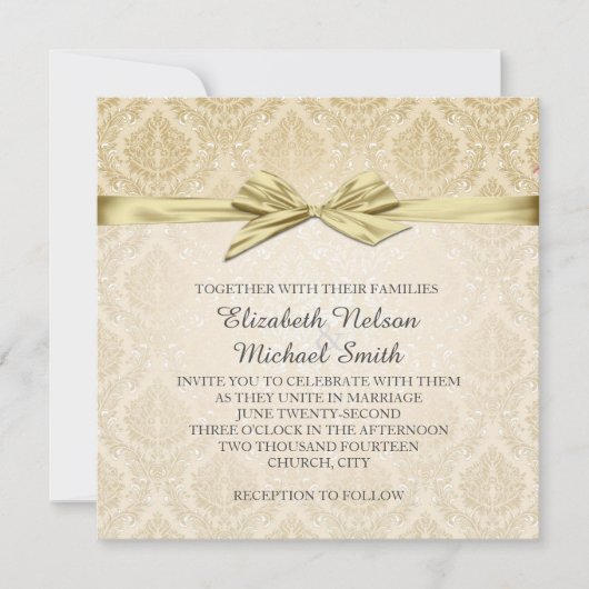 Gouden lint gouden damast bruiloft uitnodigen kaart (Voorkant)