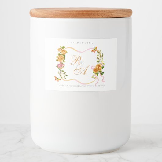 Gouden lint monogram bruiloft voedselcontainer etiket (Voorkant)