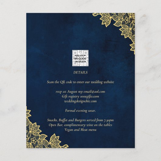 Gouden lint Navy blauwe All-in-1 Trouwkaarten QR C Flyer (Achterkant)