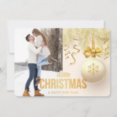 Gouden Lint Snowflake Bulb Twee Foto Kerstmis Feestdagenkaart (Voorkant)