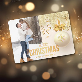 Gouden Lint Snowflake Bulb Twee Foto Kerstmis Feestdagenkaart