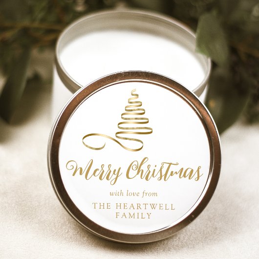 Gouden Lintboom Prettig Kerstmis Script Ronde Sticker
