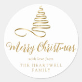 Gouden lintboom vrolijk kerstscript ronde sticker (Voorkant)