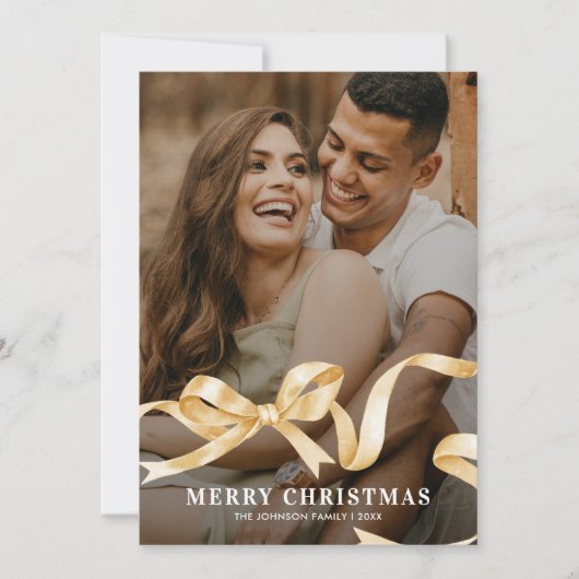 Gouden linten strik foto Kerstmis Feestdagenkaart (Voorkant)