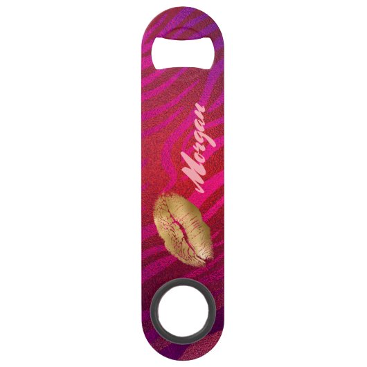 Gouden lippen en fuchsia strepen speed flessenopener (Voorkant)