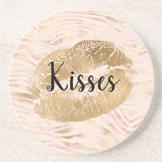 Gouden Lippen Kiss Roze Zebra Print Zandsteen Onderzetter (Voorkant)