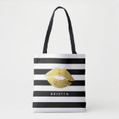 Gouden lippen met klassieke zwarte witte strepen tote bag (Voorkant)
