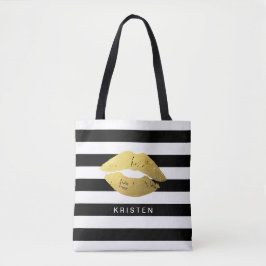 Gouden lippen met klassieke zwarte witte strepen tote bag
