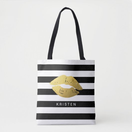 Gouden lippen met klassieke zwarte witte strepen tote bag (Voorkant)